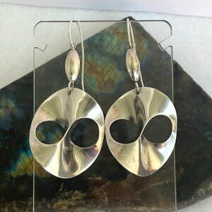 Sterling Silver 925 Artisan Modernist Style Infinity Disc Dangle Drop Earrings